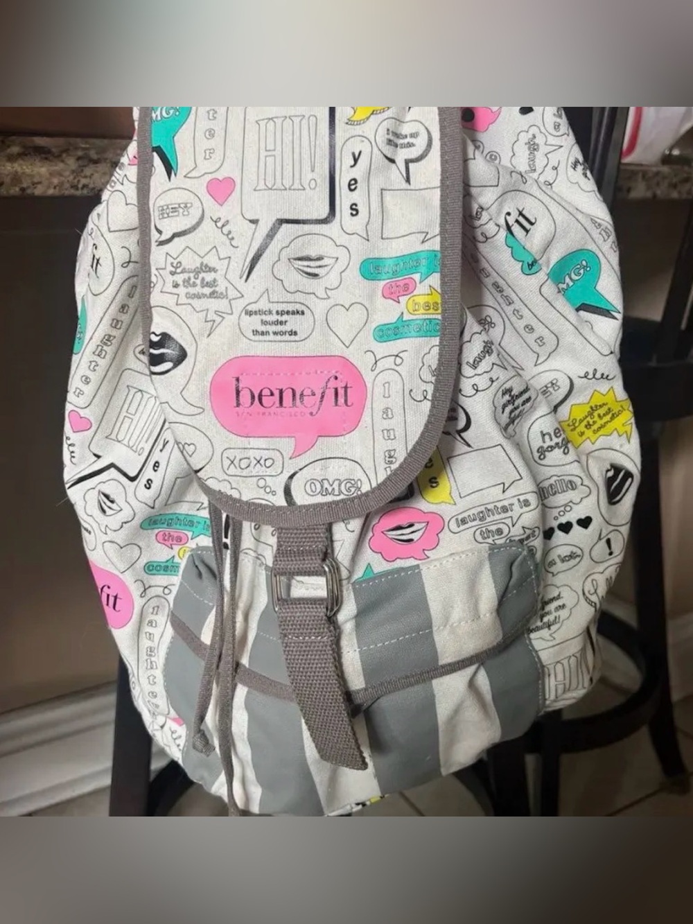 Benefit White Graphic Stripe Tote with Pink & Teal Accents - Picture 2 of 3